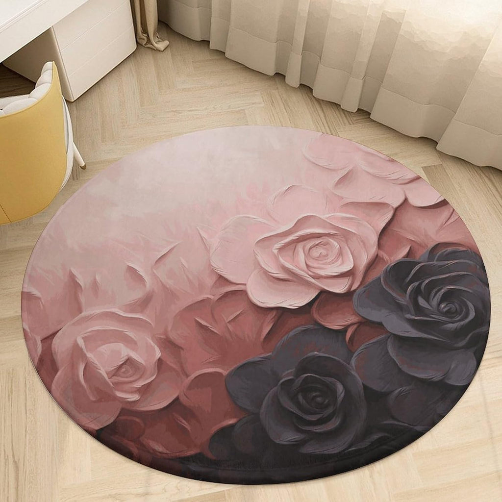 Rose Color Blush and Black Coral Velvet Round Floor Mat Non-Slip Bath Rug Floor Covering for Bathroom Vanity Guest Suite & Vacation Home