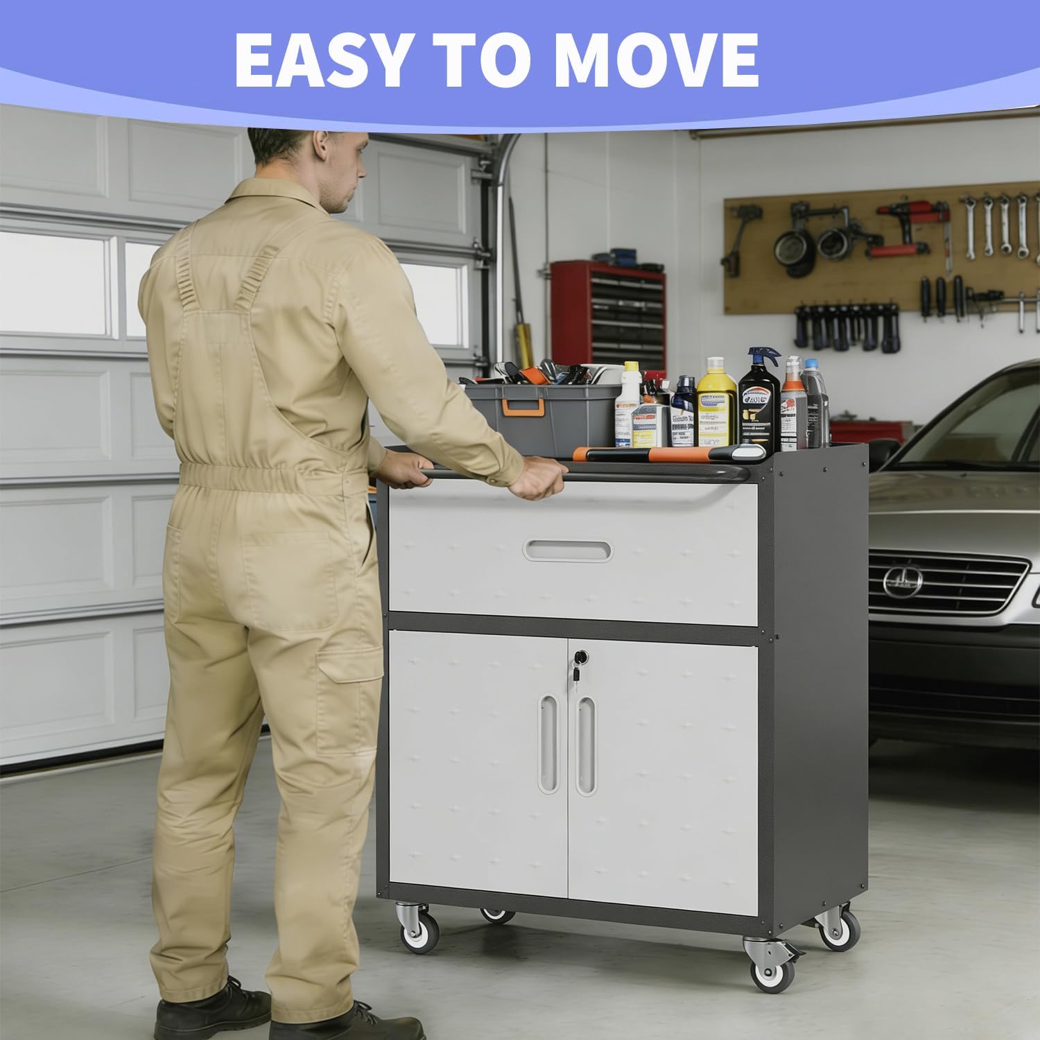 Metal Garage Storage Cabinet on Wheels, Lockable Rolling Tool Cabinet with Drawer and Shelves, Heavy Duty Mobile Steel Cabinet for Garage Warehouse Workshop