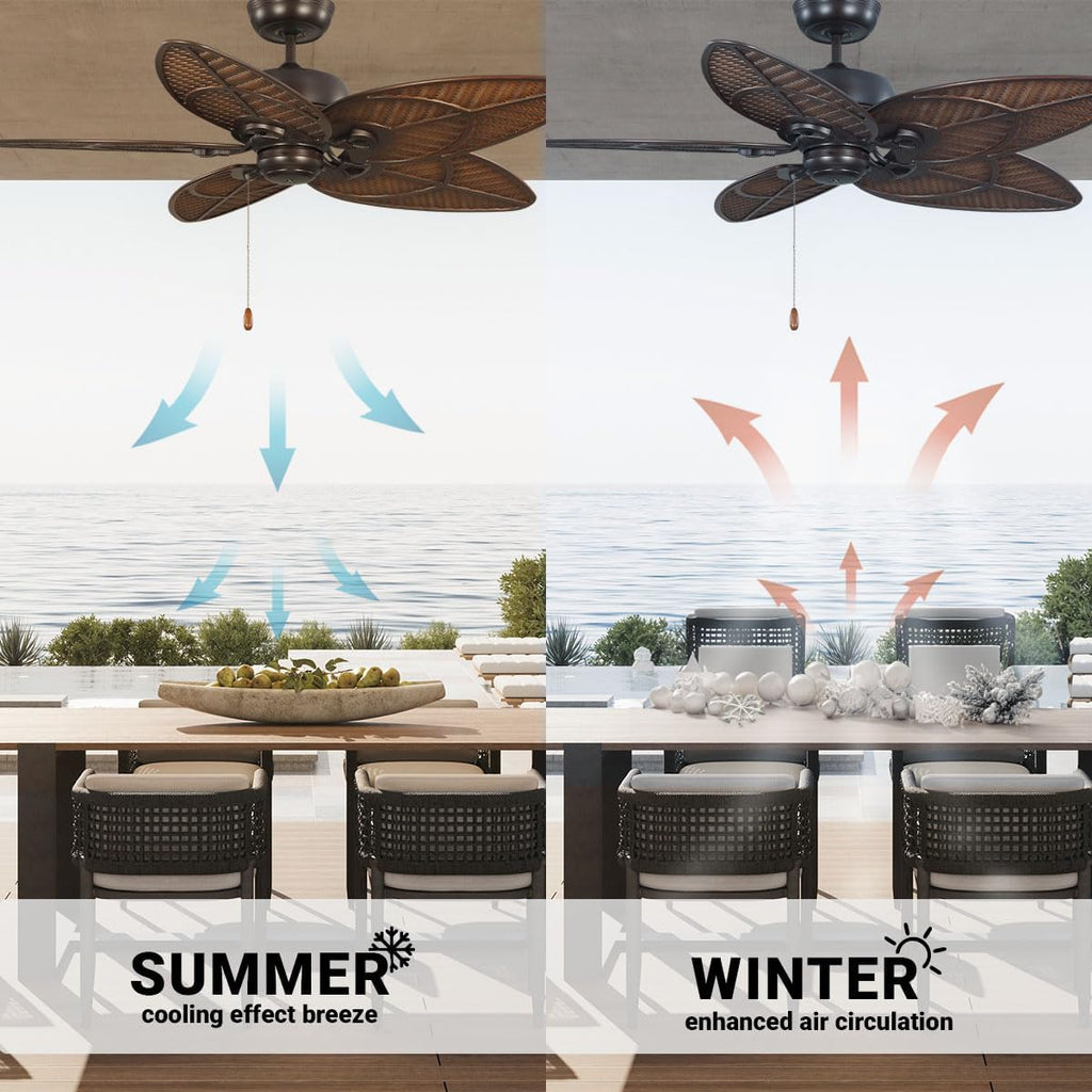 kathy ireland HOME [CF621VNB] Batalie Breeze Outdoor Ceiling Fan, 52 Inch | Large Metal Fixture with Palm Leaf Blades, Quiet Motor, and Pull Chain | Tropical Style for Outside and Indoor, Bronze
