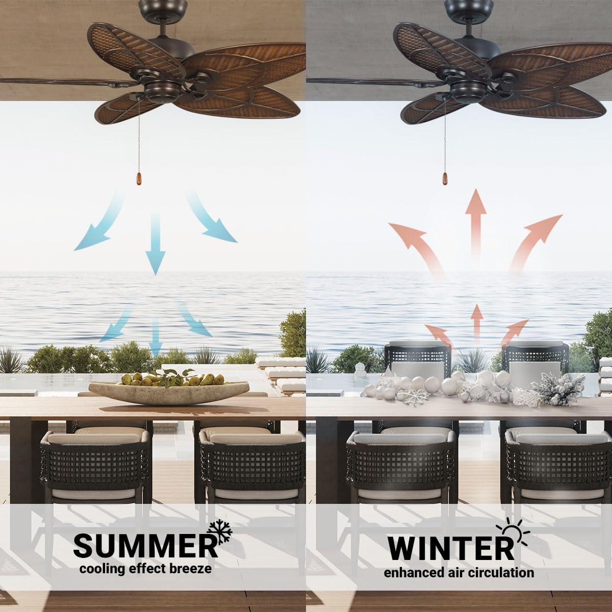 kathy ireland HOME [CF621VNB] Batalie Breeze Outdoor Ceiling Fan, 52 Inch | Large Metal Fixture with Palm Leaf Blades, Quiet Motor, and Pull Chain | Tropical Style for Outside and Indoor, Bronze