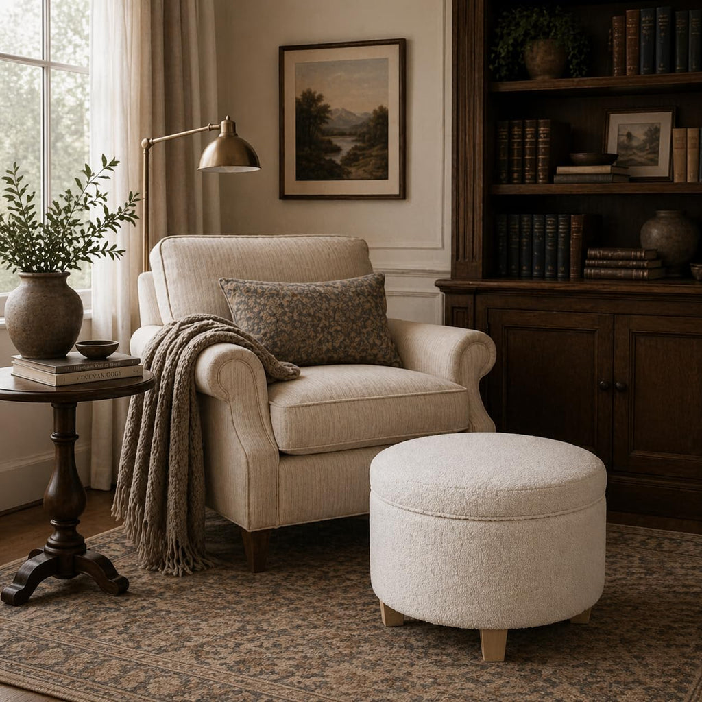 HomePop 24' Large Round Storage Ottoman - Cream Boucle