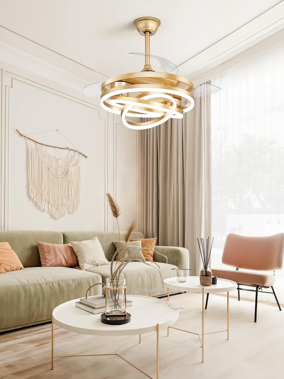 LEDIARY 42 Inch Retractable Ceiling Fan with Lights, Fandelier Ceiling Fan with 6 Speeds,3000K-6000K Adjustable,and DC Motor,Chandelier Ceiling Fans with Lights and Remote for Bedroom Living Room,Gold