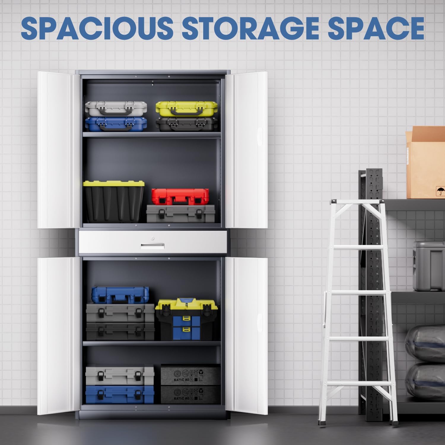 DNA Motoring 71'' Rolling Garage Metal Cabinet with 1 Drawer and Adjustable Shelves, Heavy Duty Utility Lockable Cabinet for Garage, Office, Home, Gym, Gray White, TOOLS-00629-GY-WH