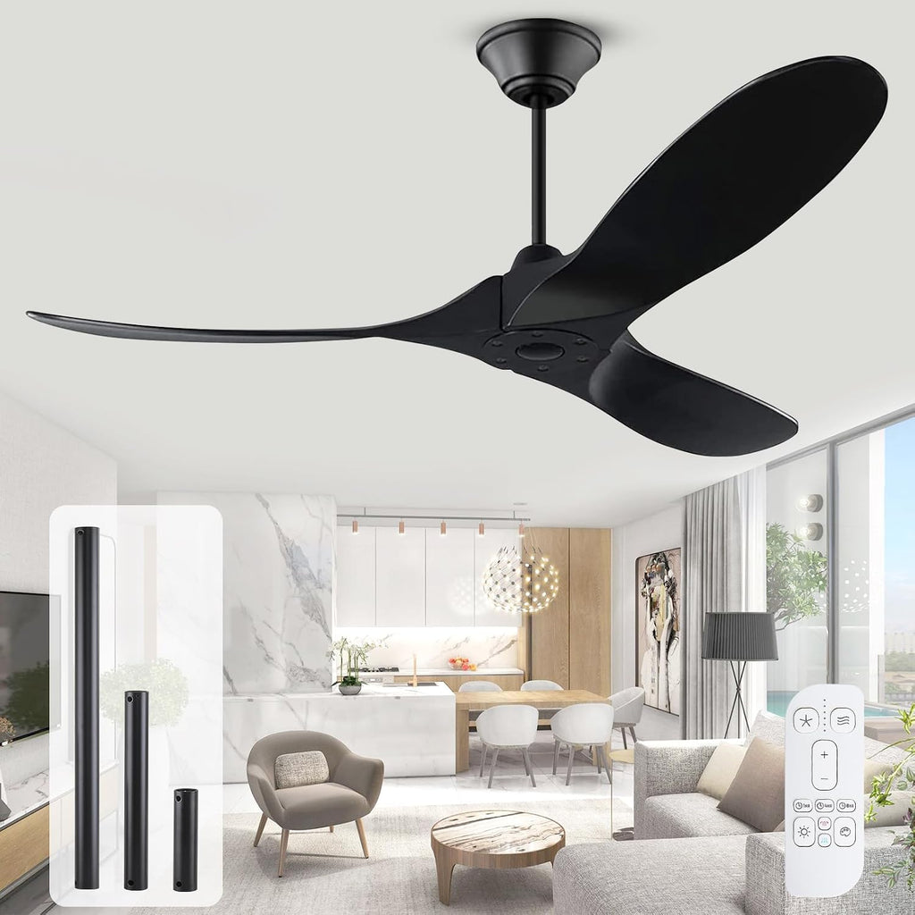 52 Inch Black Outdoor Ceiling Fans without Lights, Modern 3 Blade Wood Ceiling Fan with Remote, Indoor Outdoor Ceiling Fan for Patios Bedroom Commercial,3 Down Rods