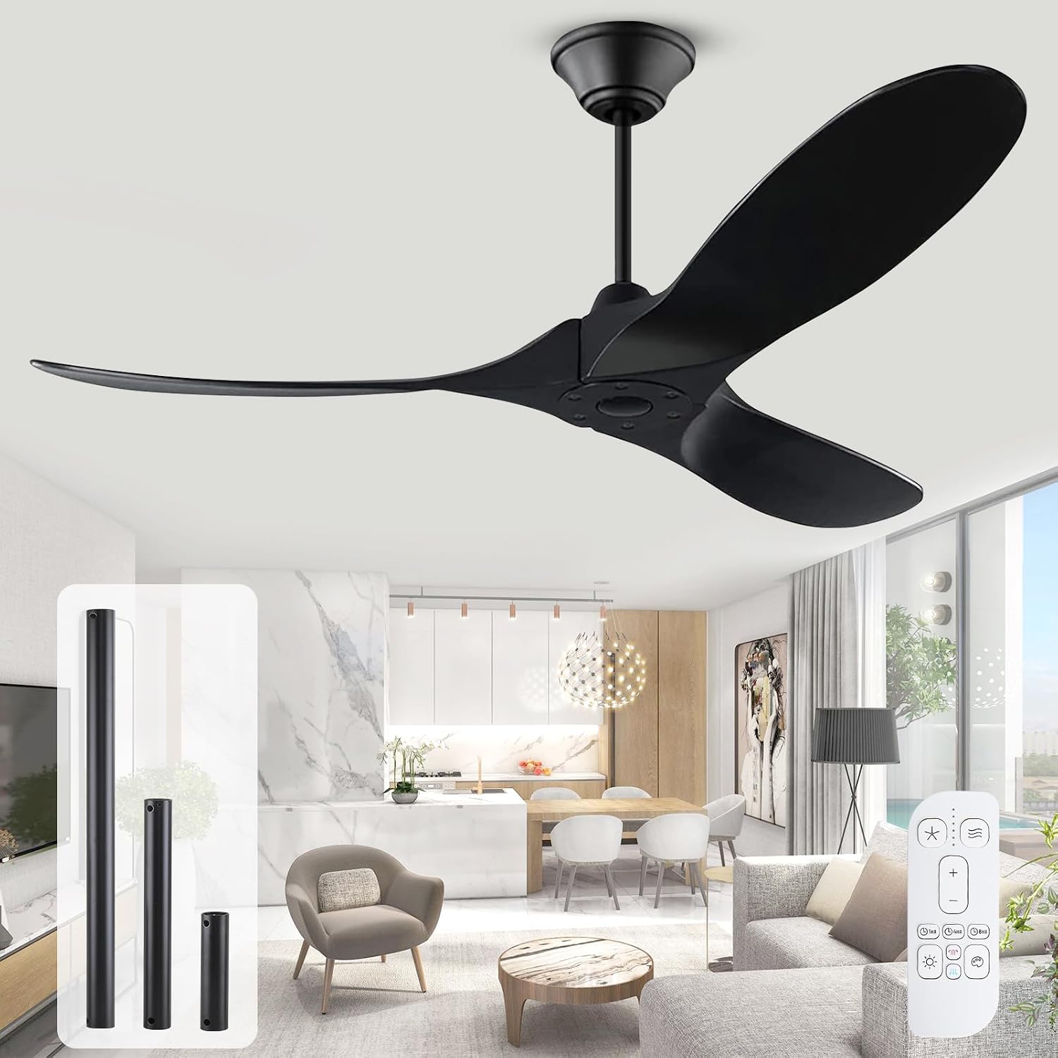 52 Inch Black Outdoor Ceiling Fans without Lights, Modern 3 Blade Wood Ceiling Fan with Remote, Indoor Outdoor Ceiling Fan for Patios Bedroom Commercial,3 Down Rods