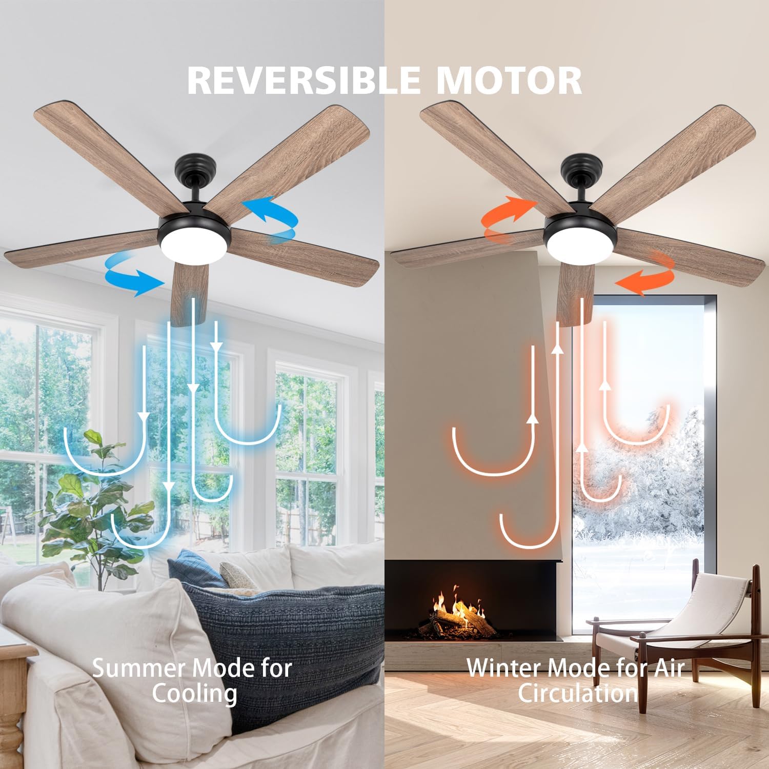 Ceiling Fans with Lights,52 inch Ceiling Fan with Remote,5 Dual Blades,3 Color Light,DC Motor,6 Speed,for Bedroom/Outdoor/Farmhouse/Patios,Wood Ceiling Fan Black