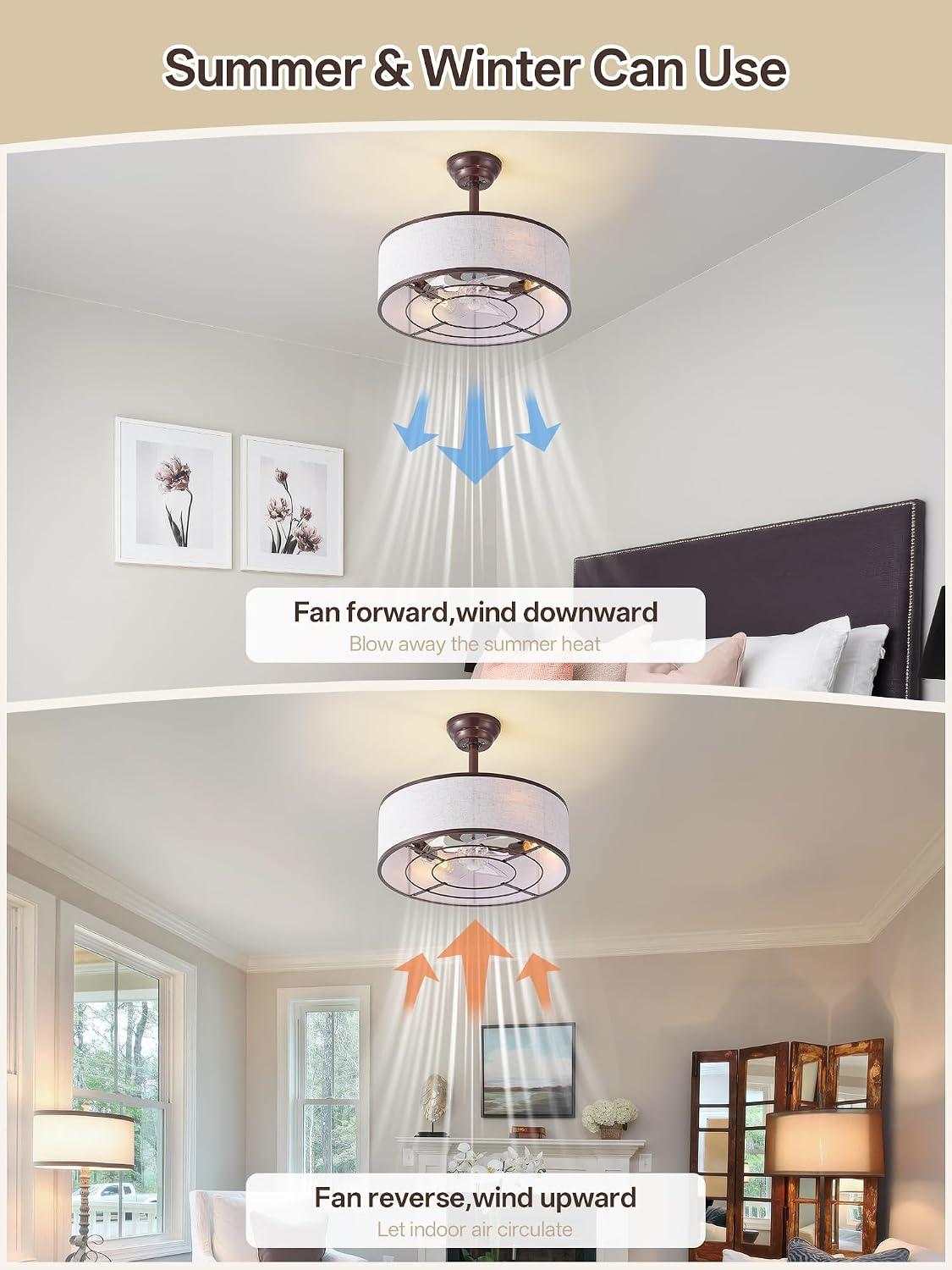 20' Brown Caged Boho Fandelier Ceiling Fan with Light & Remote Control - Bladeless Chandelier Fan, 6 Speed Quiet Reversible Motor for Bedroom, Nursery, Living Room