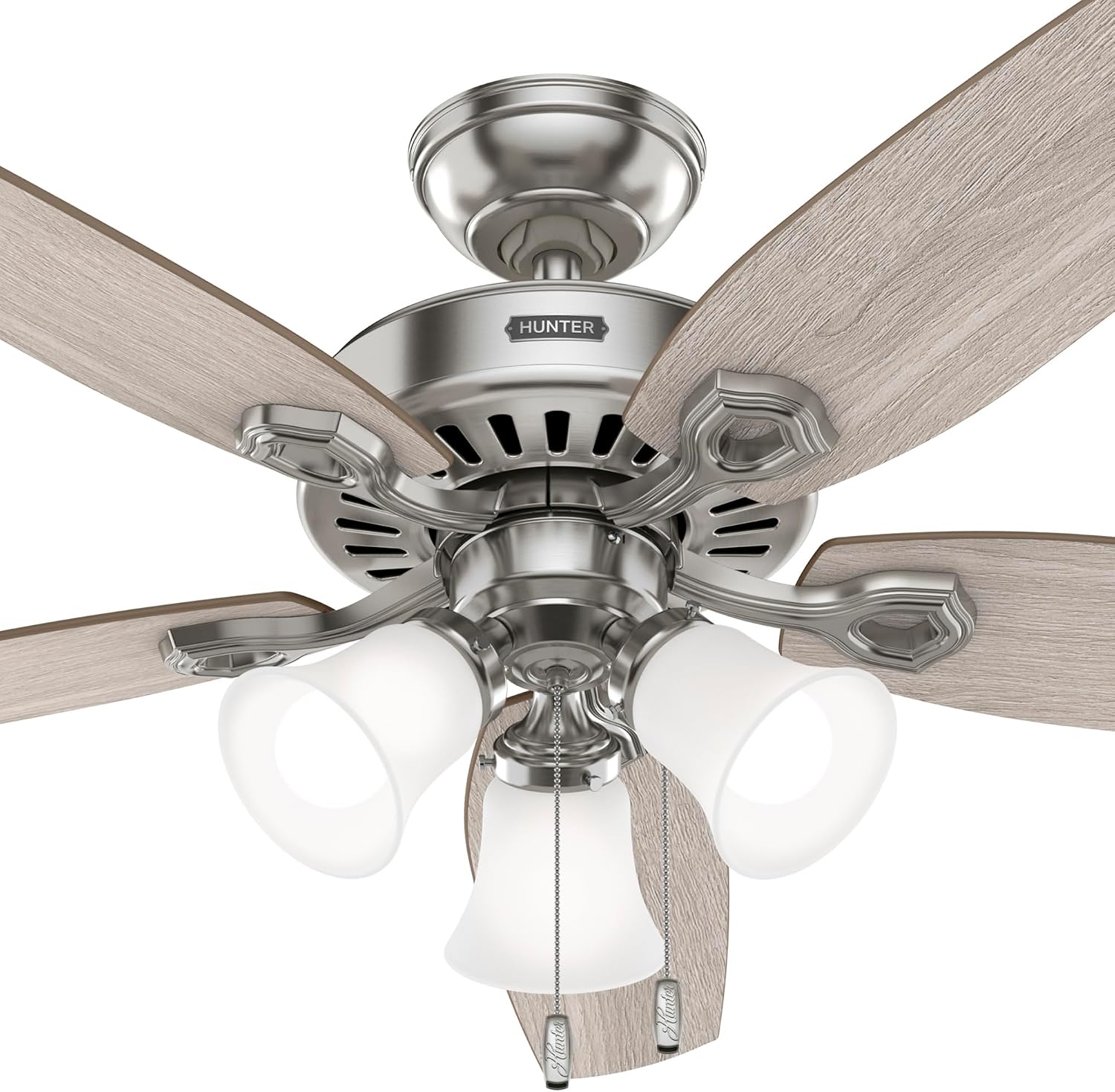 Hunter 52 inch Indoor Ceiling Fan with LED Lights - Ceiling Fan with Pull Chain, For Bedroom or Living Room, Standard Mount, No Remote, 5 Blades, Includes Bulbs - Builder 52729, Brushed Nickel