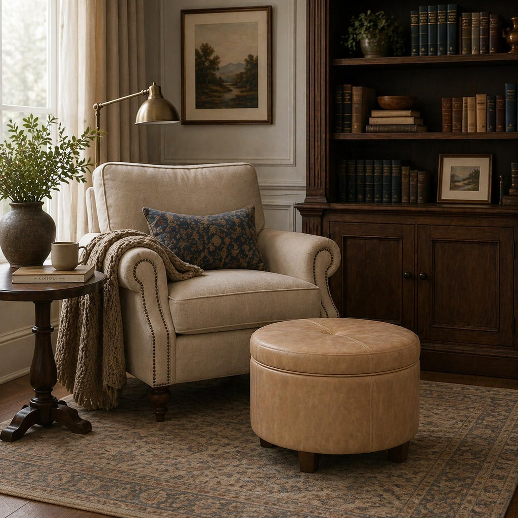 HomePop 24' Large Leatherette Storage Ottoman - Sand Faux Leather