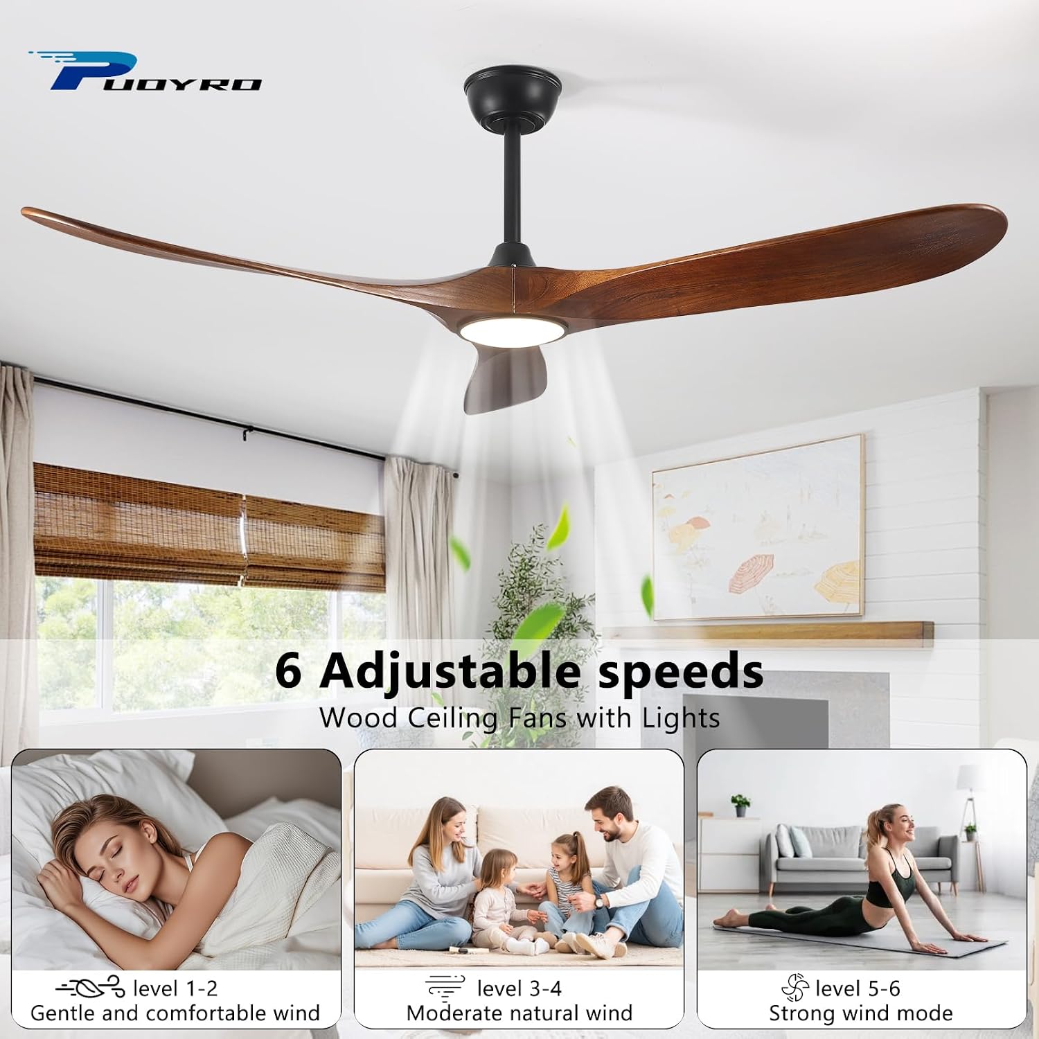 72' Ceiling Fan with Light and Remote, 6-Speed Dimmable Outdoor Ceiling Fan, High CFM Quiet 3 Blade Wood Ceiling Fan, Puoyro Modern Propeller Ceiling Fan for Outdoor Indoor Living Patio Porch (Walnut)