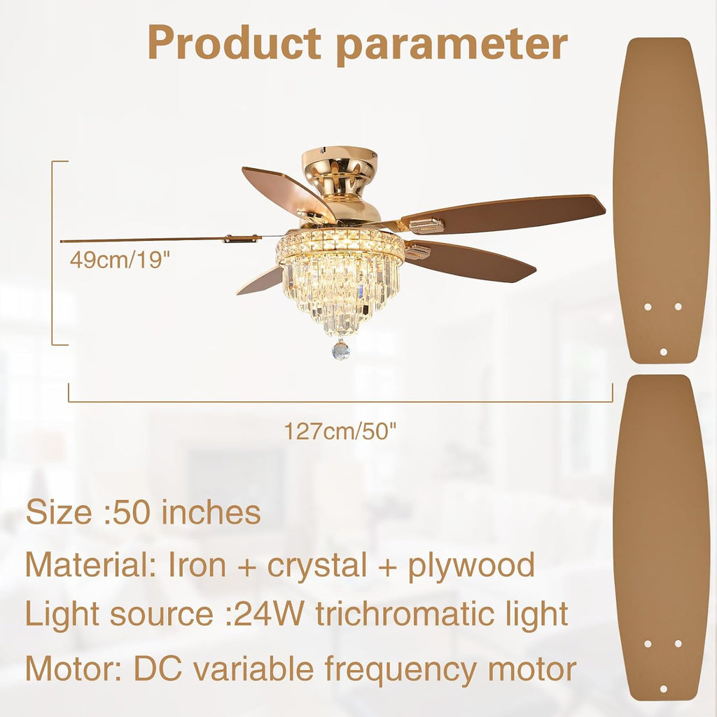 Crystal Ceiling Fan Fandelier with Lights-Ceiling Fans with Lights,50' Low Profile and Remote Control, Flush Mount, Reversible, Dimmable, Noiseless,Ceiling Fan for Bedroom（Gold）