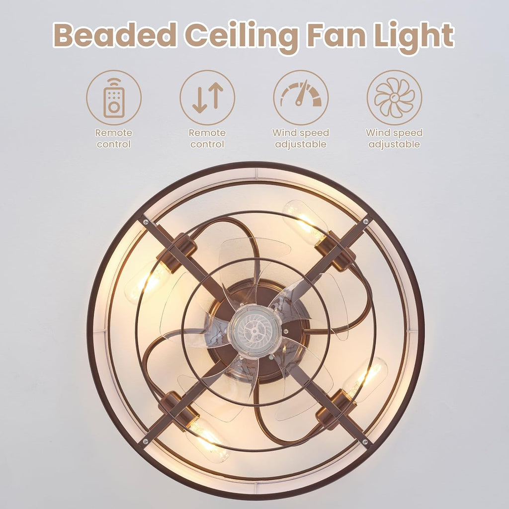 20 Inch Boho Ceiling Fan with Light, Low Profile Flush Mount Caged Ceiling Fan, Bladeless Brown Drum Chandelier with Remote, 6 Speed Reversible DC Motor for Bedroom Living Room, Nursery