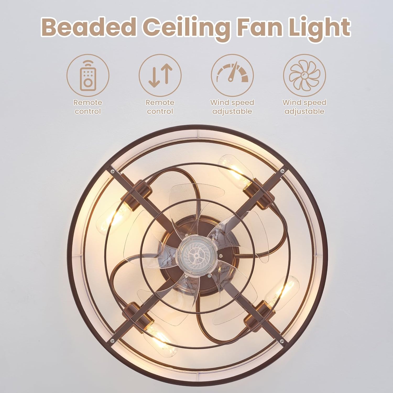 20 Inch Boho Ceiling Fan with Light, Low Profile Flush Mount Caged Ceiling Fan, Bladeless Brown Drum Chandelier with Remote, 6 Speed Reversible DC Motor for Bedroom Living Room, Nursery