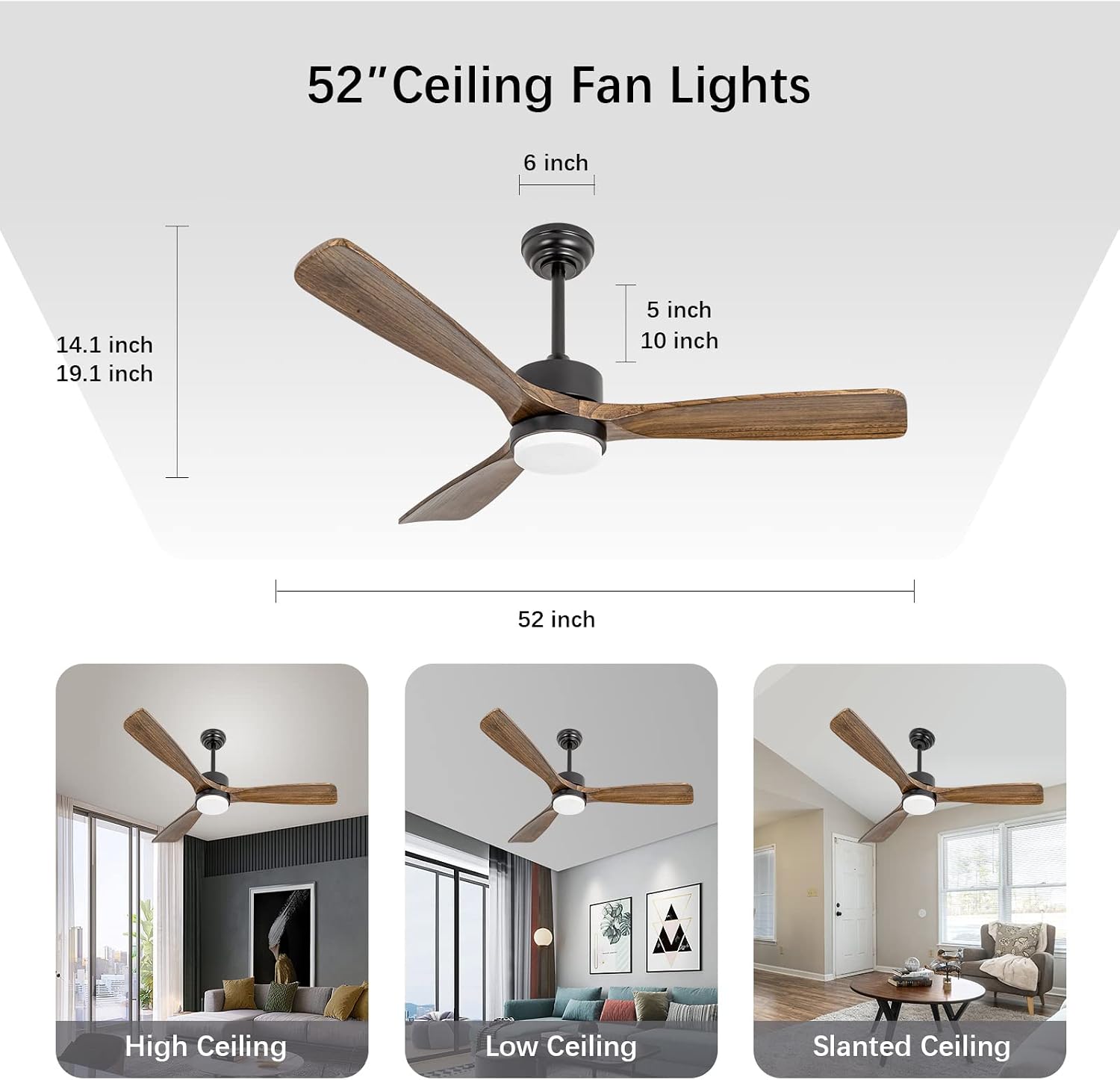 52' Ceiling Fans with Lights and Remote Control, Indoor Outdoor Ceiling Fans Farmhouse, Timing 6 Speeds 3 Color Light with Memory Lighting Function