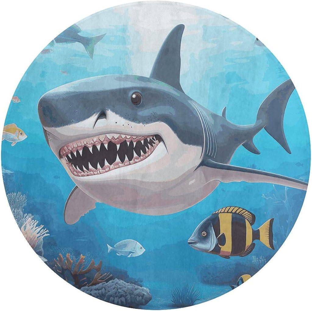 Shark Ocean Theme Coral Velvet Round Floor Mat Non-Slip Bath Rug Floor Covering for Bathroom Vanity Guest Suite & Vacation Home