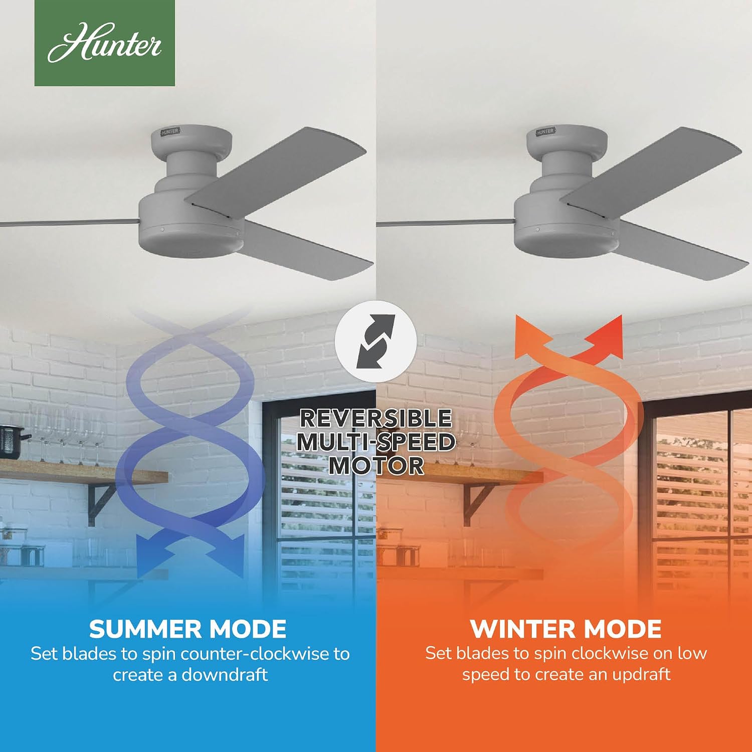 Hunter - Presto Indoor Low Profile Ceiling Fan, Wall Control, 52-inch, Dove Grey, Casual-style, Bedroom Ceiling Fans, 52406, for living rooms, home offices, kitchens