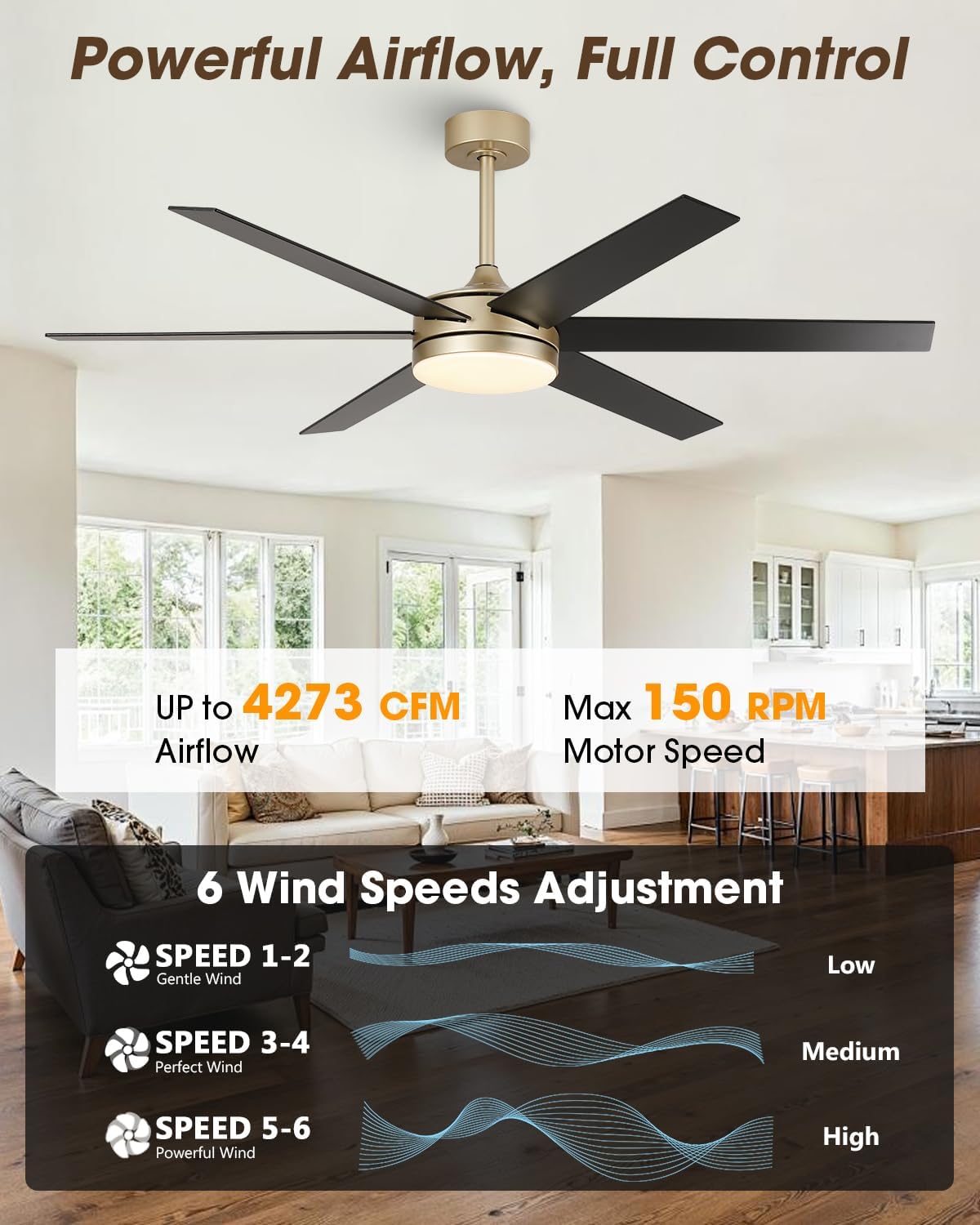 60 Inch Modern Ceiling Fan, Gold Ceiling Fan with Lights and Remote App Control, 6 Reversible Blades, Dimmable, 3CCT, App Control, 6 Speeds, Quiet Large Ceiling Fan for Bedroom Living Room