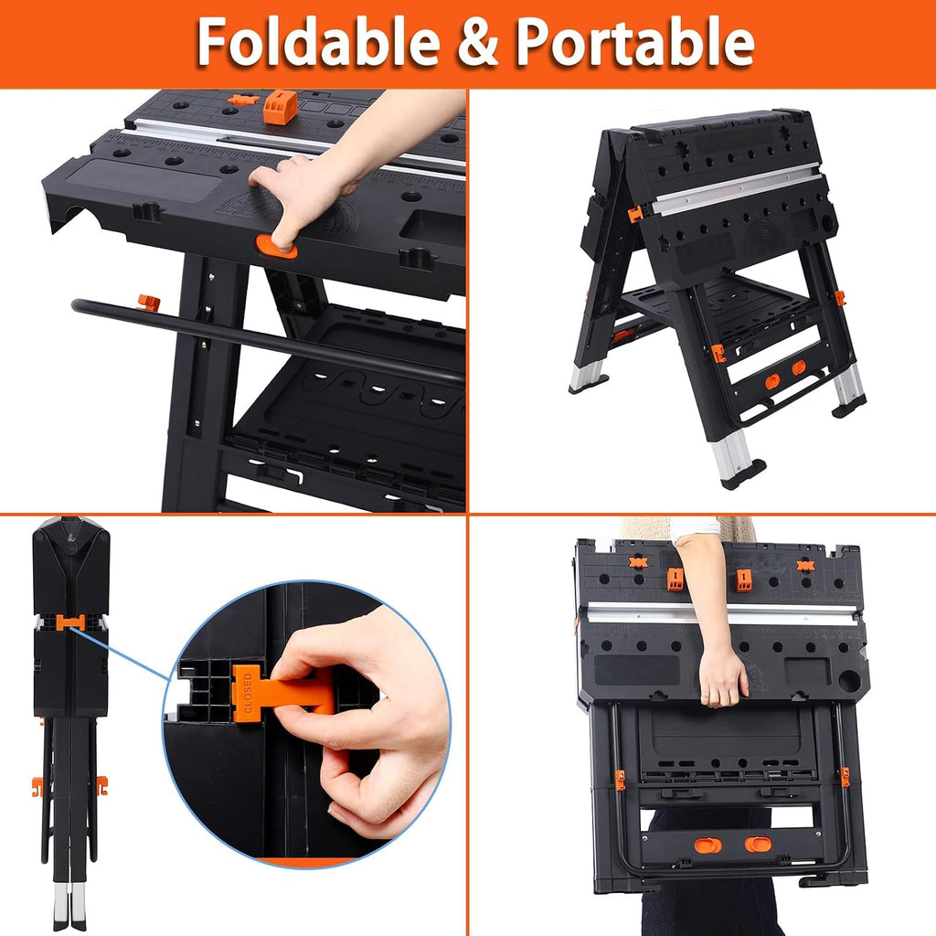 2-in-1 Folding Work Table & Sawhorse, Portable Workbench for Garage with Adjustable Height, Heavy-Duty Load Capacity (500 lbs Table/1000 lbs Sawhorse), Includes 2 Clamps, Gifts for Woodworking