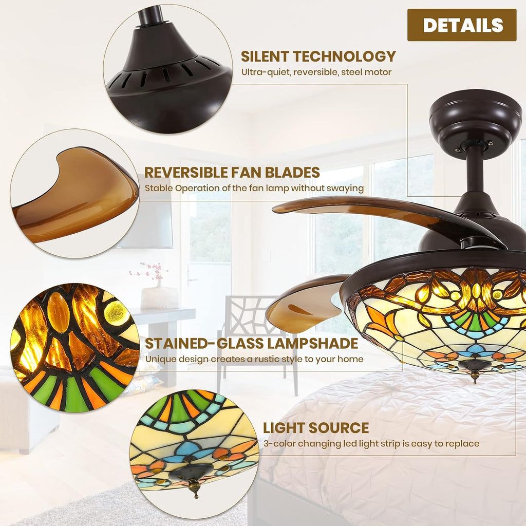 Siljoy 36' Tiffany Ceiling Fan with Lights, Stained Glass Ceiling Fan Vintage Ceiling Fan with Remote Control Dimmable Fandelier with 4 Retractable Reverse Blades for Bedroom, Living and Dining Room