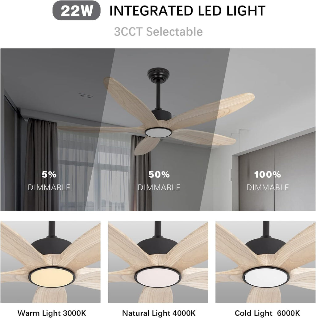 Ceiling Fan with Light and Remote,Quiet Reversible DC Motor,6 Wind Speed,LED Dimmable and Memory,for Bedroom Living Room,52 inch,Natural 5 Wood Blades