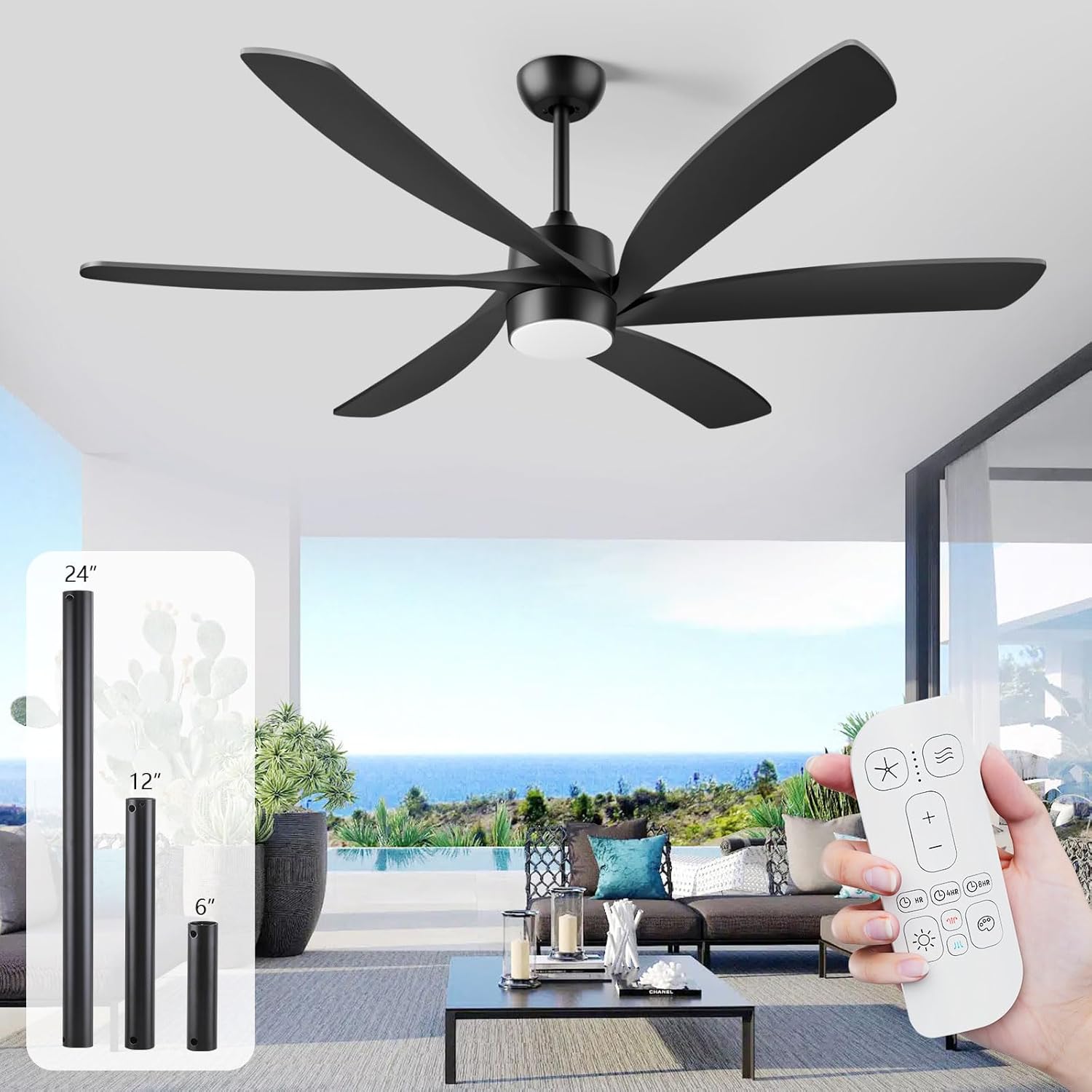 64 Inch Outdoor Ceiling Fan with Lights, All Weather Wet Rated, Modern Black Ceiling Fan, High CFM Quiet Energy Efficient DC Motor, for Large Indoor Living Room & Covered Patio Gazebo Porch