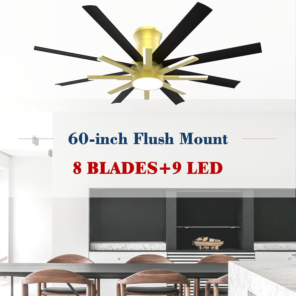 60 inch Black Ceiling Fans with Lights and Remote, Flush Mount Ceiling Fan for Living Room Bedoom，6 Speed Reversible，8 Blades and 9 Lights，3 CCT，Black Gold