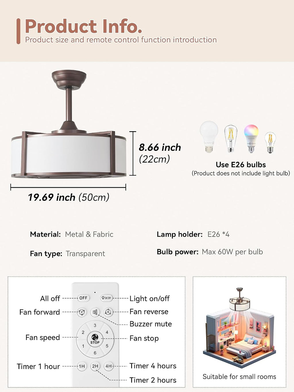 20' Brown Fandelier Ceiling Fans with Lights, Boho Rattan Ceiling Fan with Light Remote Control, Caged Mid-Century Modern with 6 Speeds for Bedroom, Nursery, Living Room