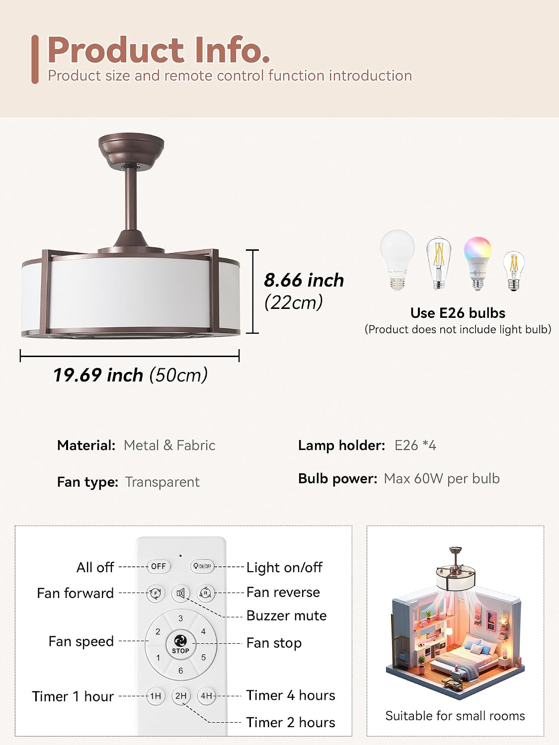 20' Brown Fandelier Ceiling Fans with Lights, Boho Rattan Ceiling Fan with Light Remote Control, Caged Mid-Century Modern with 6 Speeds for Bedroom, Nursery, Living Room