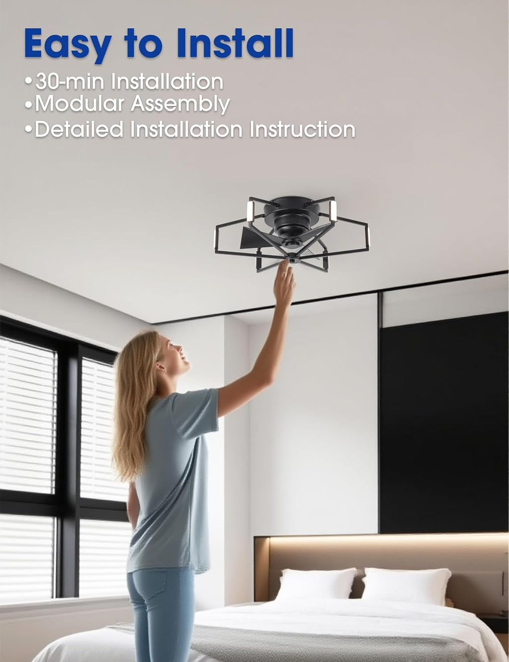 Low Profile Ceiling Fan with Lights and Remote, 21 Inch Flush Mount Black Ceiling Fan for Bedroom, Entryway, Hallway, 6-Speed DC Motor, Reversible 3 Blades, Dimmable LED, 3 Color Temperatures