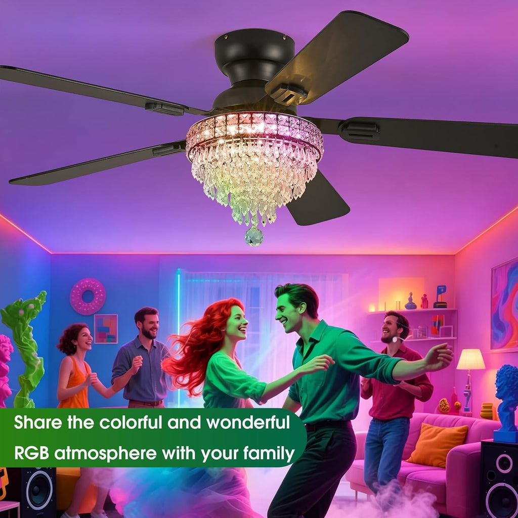 52' Crystal Ceiling Fans with RGB Lights, Remote/App Control, Modern Fandelier Flush Mount, Reversible DC Motor, Dimmable, Noiseless Ceiling Fan for Bedroom, Living Room (Black)