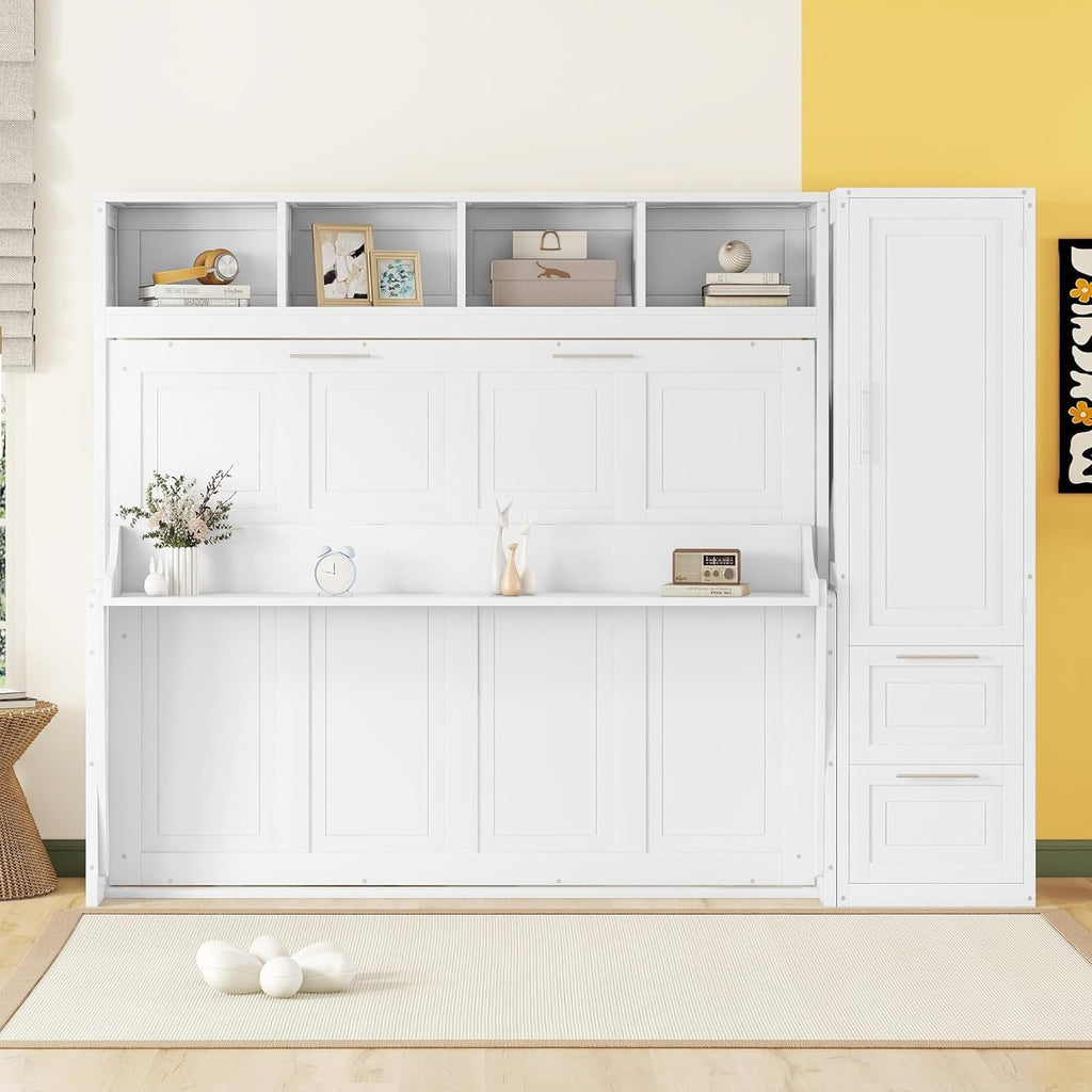 MERITLINE Queen Murphy Bed with Storage Shelves and Wardrobe Closet,Wood Folding Murphy Wall Bed Cabinet with Drawers,for Bedroom Office Guest Room,Foldable
