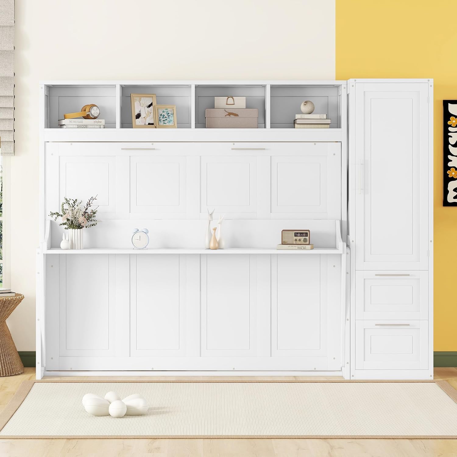 MERITLINE Queen Murphy Bed with Storage Shelves and Wardrobe Closet,Wood Folding Murphy Wall Bed Cabinet with Drawers,for Bedroom Office Guest Room,Foldable