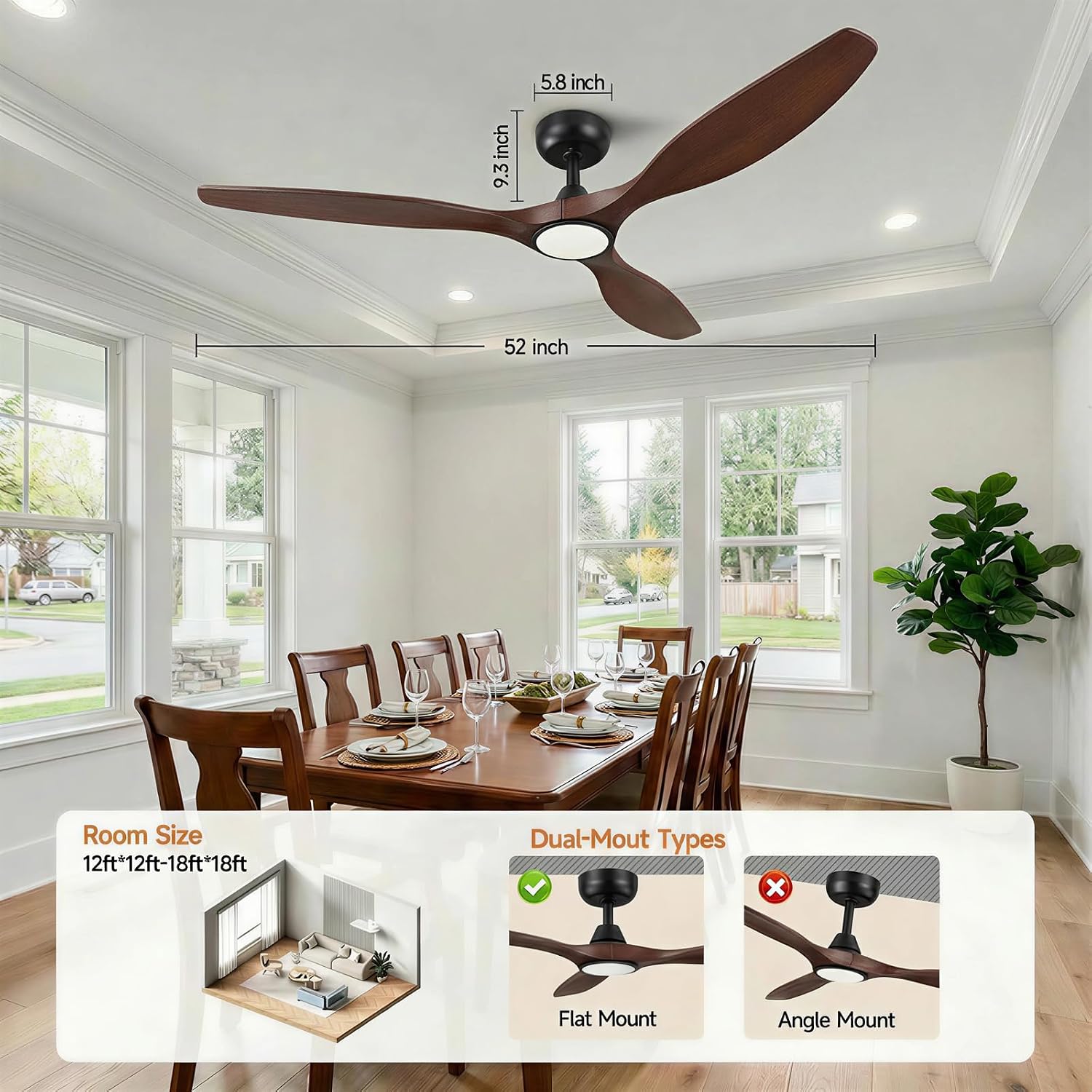 Skylike 52' Wood Outdoor Ceiling Fan with Lights, Propeller Farmhouse Ceiling Fan and Remote Control, 3 Blade Dark Walnut Ceiling Fan for Patio,Porch, Gazebo, Bedroom