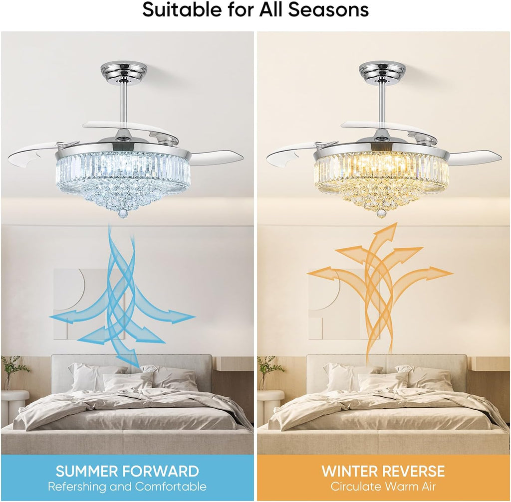 52 Inch Fandelier Ceiling Fan with Light, Retractable Chandelier Fan LED Dimmable Crystal Ceiling Fan for Bedroom Living Room Dining Room-Chrome
