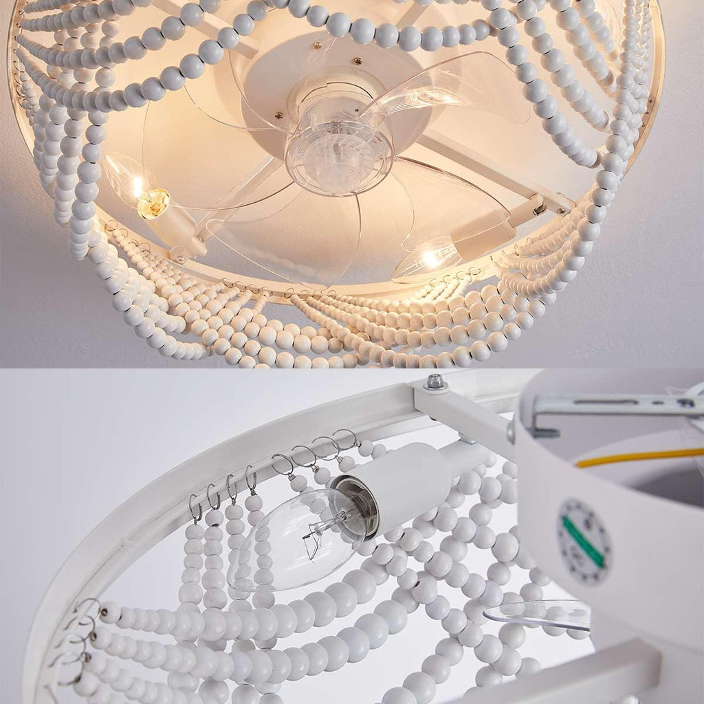 Boho Ceiling Fan with Lights Flush Mount,20 Inch Bohemia White Wood Bead Close to Ceiling Fan Light, 4 Lights Low Profile Enclosed Ceiling Fans with Remote Control for Bedroom Living Room Kitchen