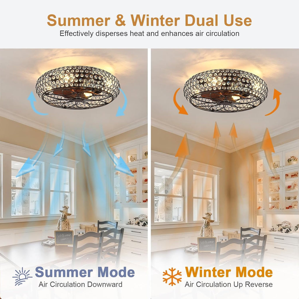 Modern Fandelier Crystal Ceiling Fans with Lights and Remote, 20-Inch Low Profile Bladeless Flush Mount Caged Ceiling Fan for Bedroom, Kitchen,Living Room,Small Ceiling Fan with Light with 6 Speed