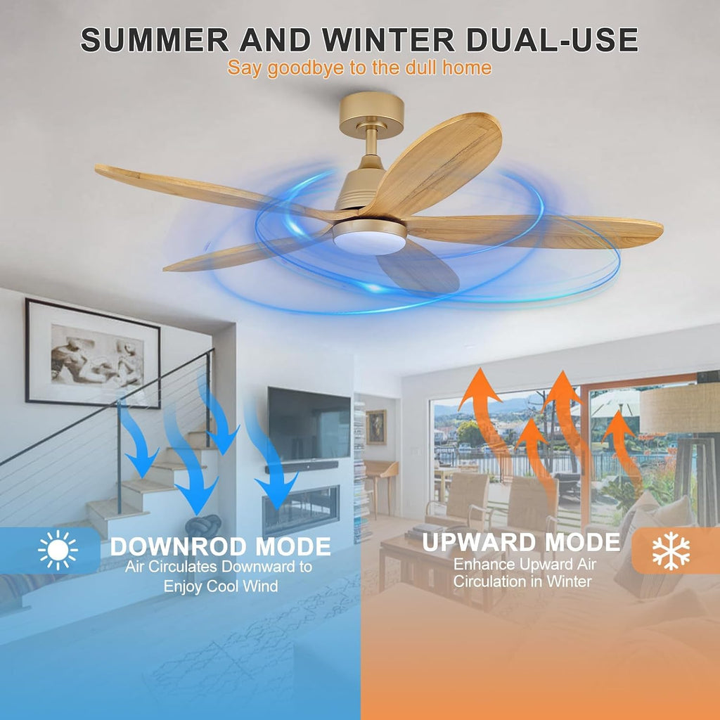 48 Inch Ceiling Fans with Lights and Remote, Modern Indoor Outdoor Ceiling Fan with Light for Patio Bedroom, Dimmable, 5 Wood Blades, Wall Switch, Reversible DC Motor, Memory Function (Gold)