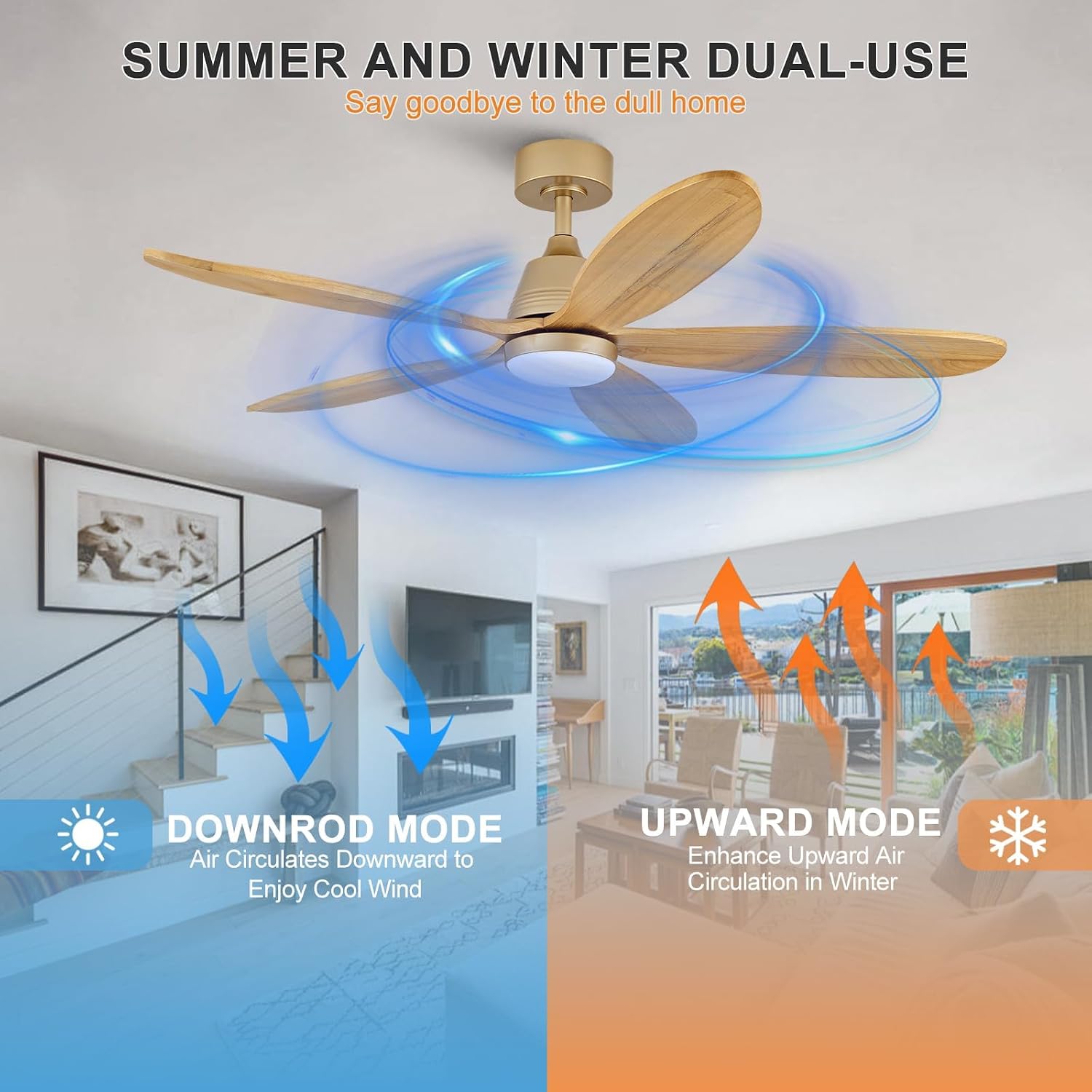 48 Inch Ceiling Fans with Lights and Remote, Modern Indoor Outdoor Ceiling Fan with Light for Patio Bedroom, Dimmable, 5 Wood Blades, Wall Switch, Reversible DC Motor, Memory Function (Gold)