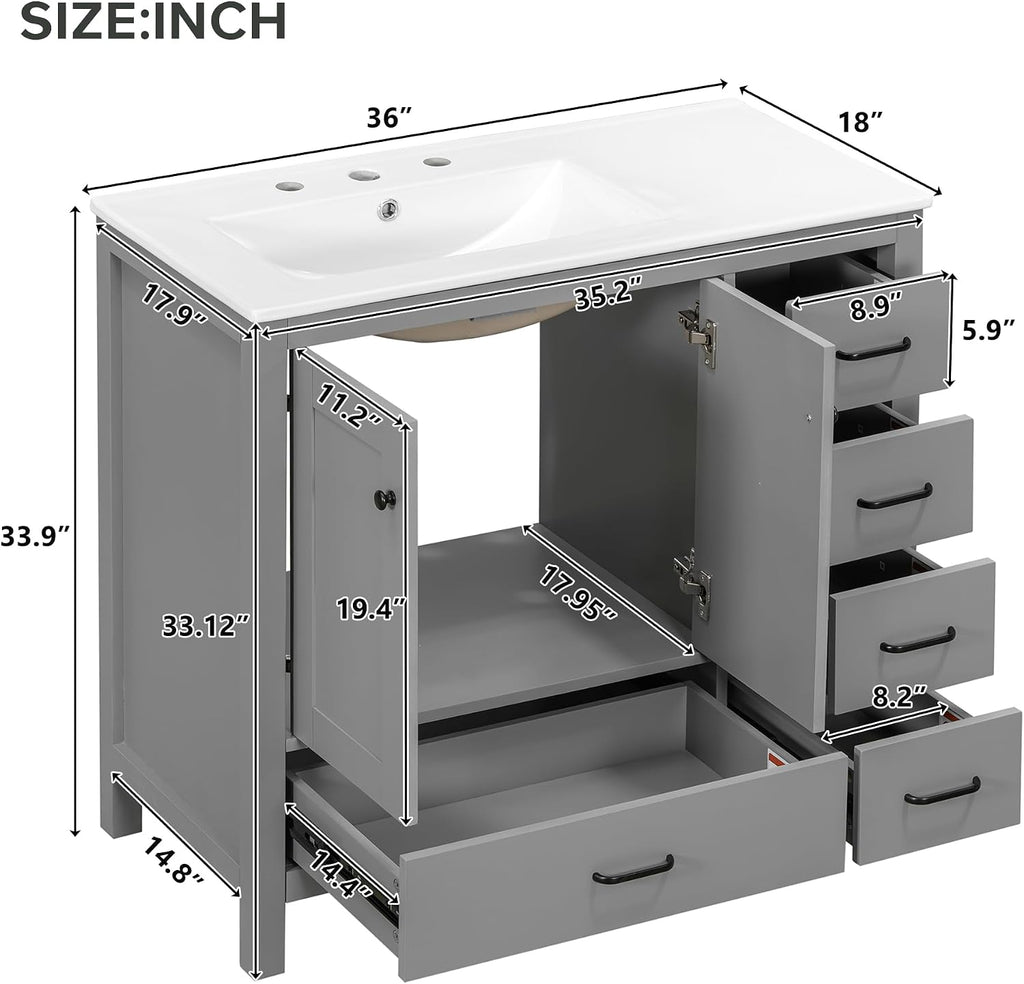 LUMISOL 36 Inch Bathroom Vanity with Sink, Freestanding Bathroom Cabinet with Ceramic Sink, Modern Single Vanity with Soft Close Doors & Drawers for Guest Bath, Master Suite, Rental, Grey