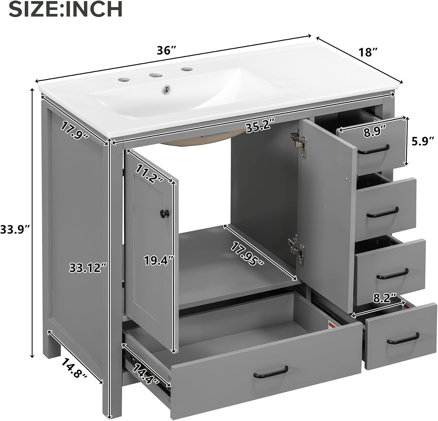 LUMISOL 36 Inch Bathroom Vanity with Sink, Freestanding Bathroom Cabinet with Ceramic Sink, Modern Single Vanity with Soft Close Doors & Drawers for Guest Bath, Master Suite, Rental, Grey
