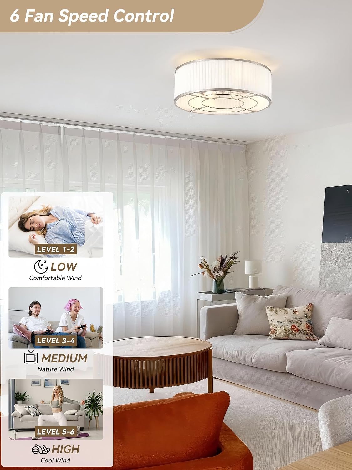Boho Ceiling Fan with Light Flush Mount, 20' Caged Ceiling Fan with Light Remote Control Silver, Low Profile Ceiling Fans Bladeless Chrome 6 Speeds for Bedroom, Living Room, Nursery