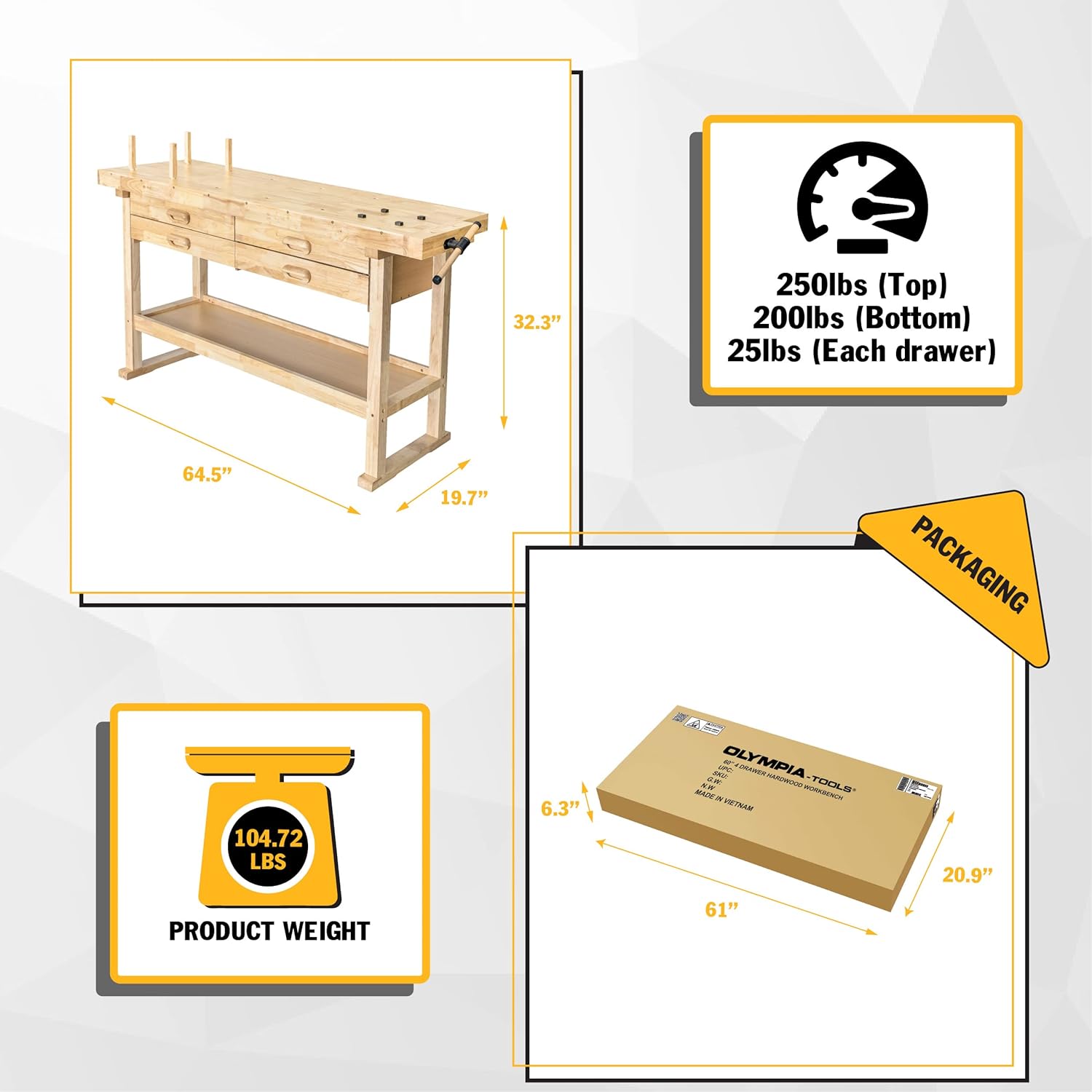 Olympia Tools 64.5' Rubber Hardwood Workbench with 4-Drawers & Clamp, 450 lb Capacity – Heavy-Duty Woodworking Storage, Tools Organizer, and Craftsman Standing Station Table for Workshop