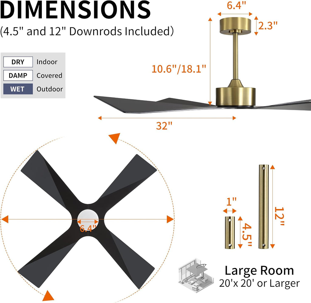 WINGBO 64' Wet Rated Outdoor Ceiling Fan with Lights, 4 ABS Plastic Blades, Reversible DC Motor, 6-Speed Remote Control, 3 CCT, Waterproof Ceiling Fan for Patio Porch Gazebo Garage, Brass and Black
