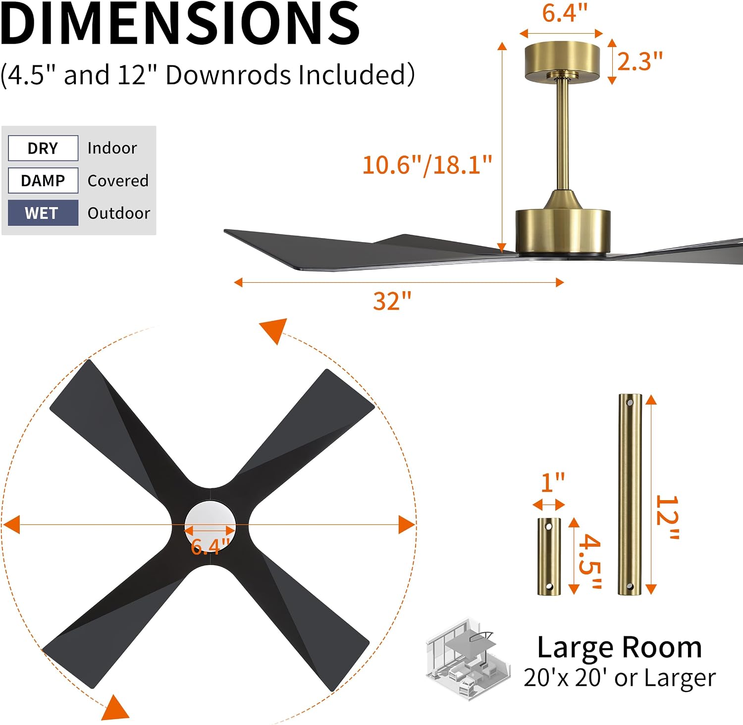 WINGBO 64' Wet Rated Outdoor Ceiling Fan with Lights, 4 ABS Plastic Blades, Reversible DC Motor, 6-Speed Remote Control, 3 CCT, Waterproof Ceiling Fan for Patio Porch Gazebo Garage, Brass and Black