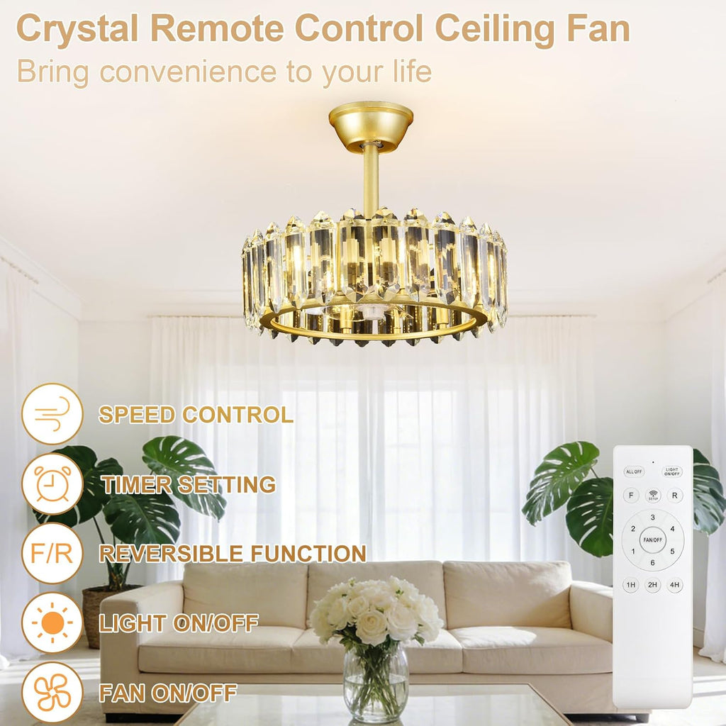 Depuley Bedroom Ceiling Fan with Lights: 18' Gold Chandelier Small Fan with Remote Control - Modern Crystal Fandelier for Girl's Bedroom Living Room Nursery (G9 Bulbs Not Included)