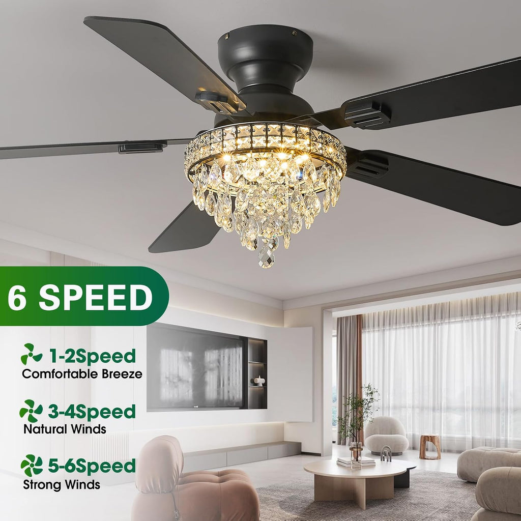 52' Crystal Ceiling Fans with RGB Lights, Remote/App Control, Modern Fandelier Ceiling Fan Flush Mount, Reversible DC Motor, Dimmable, Bedroom Chandelier Fan, (Black)