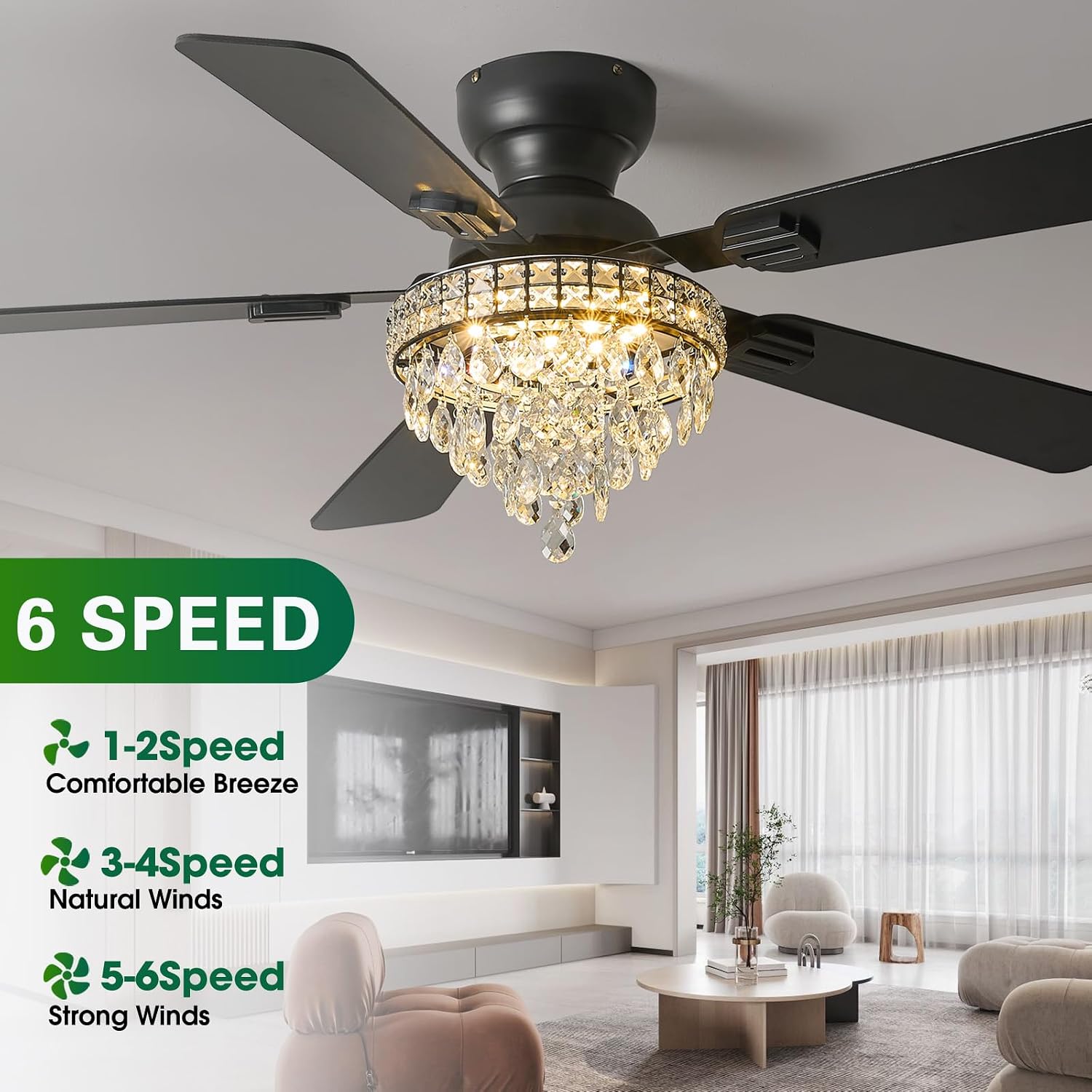 52' Crystal Ceiling Fans with RGB Lights, Remote/App Control, Modern Fandelier Ceiling Fan Flush Mount, Reversible DC Motor, Dimmable, Bedroom Chandelier Fan, (Black)