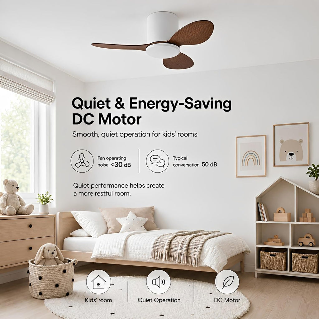 Flush Mount Ceiling Fan No Light Modern Small Ceiling Fans Remote Control 6 Speeds 25 Inch Ceiling Fan Without Lights Quiet DC Motor, 3 Blades For Restaurant Bedroom Patio Indoor