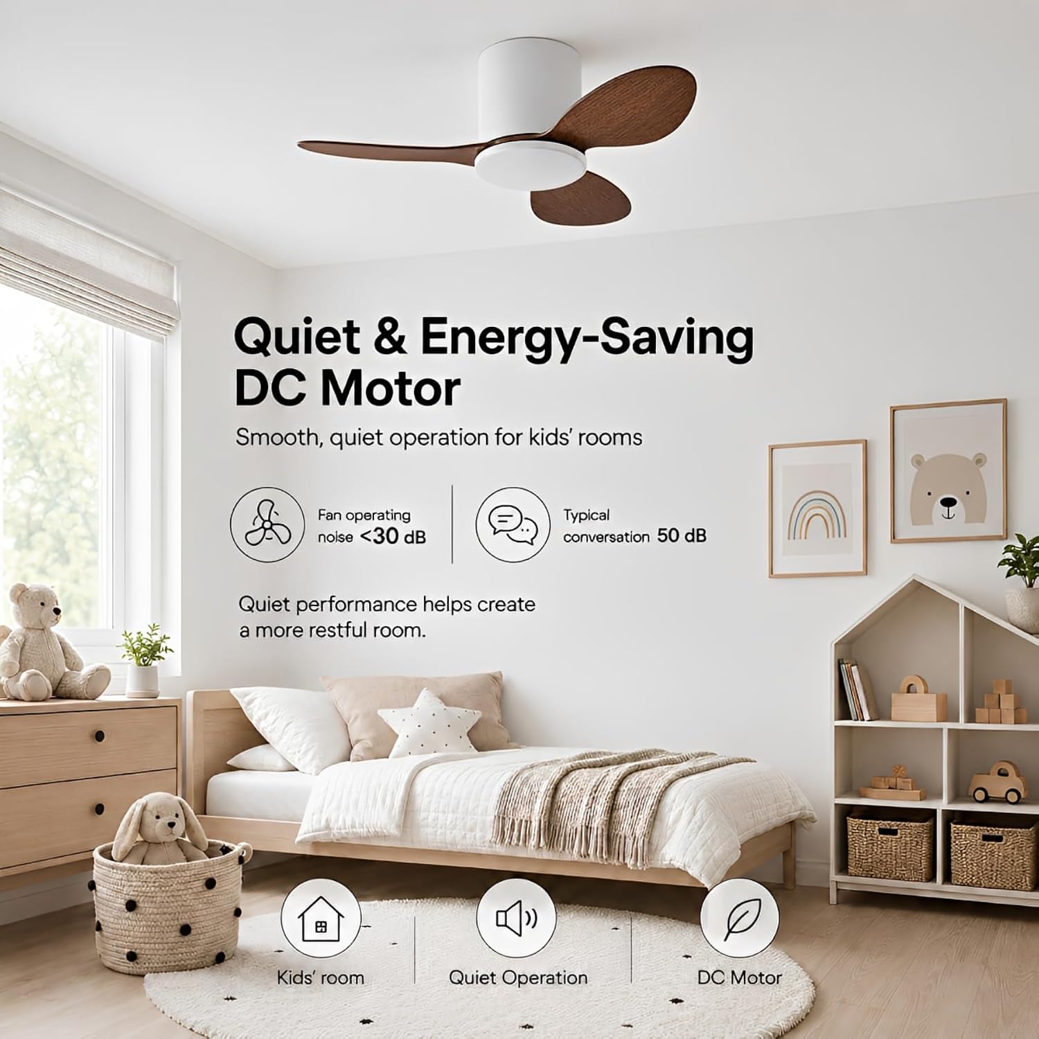 Flush Mount Ceiling Fan No Light Modern Small Ceiling Fans Remote Control 6 Speeds 25 Inch Ceiling Fan Without Lights Quiet DC Motor, 3 Blades For Restaurant Bedroom Patio Indoor