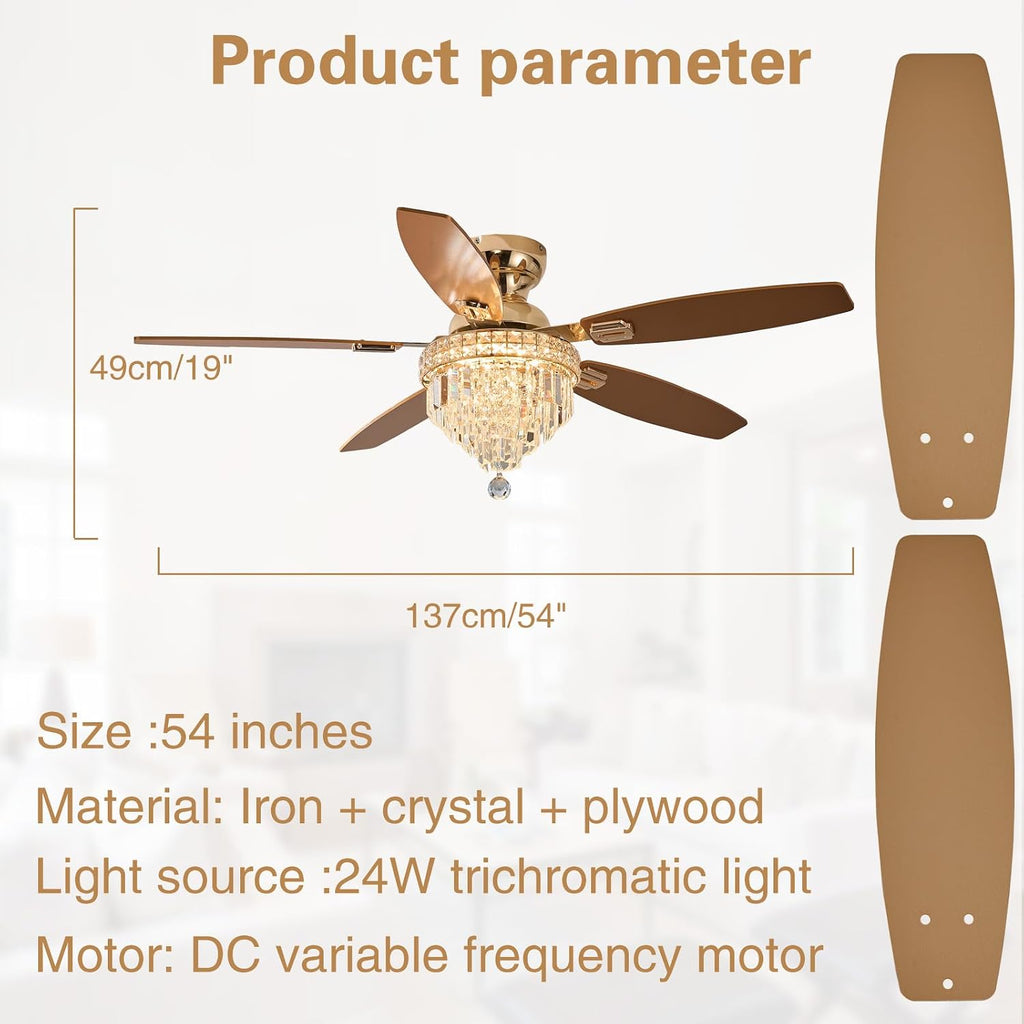 Crystal Ceiling Fan Fandelier with Lights-Ceiling Fans with Lights,54' Low Profile and Remote Control, Flush Mount, Reversible, Dimmable, Noiseless,Gold Ceiling Fan for Bedroom